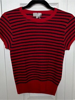 NWT J. Crew Cashmere Knit Red/Navy Striped Short-Sleeve Crewneck Sweater